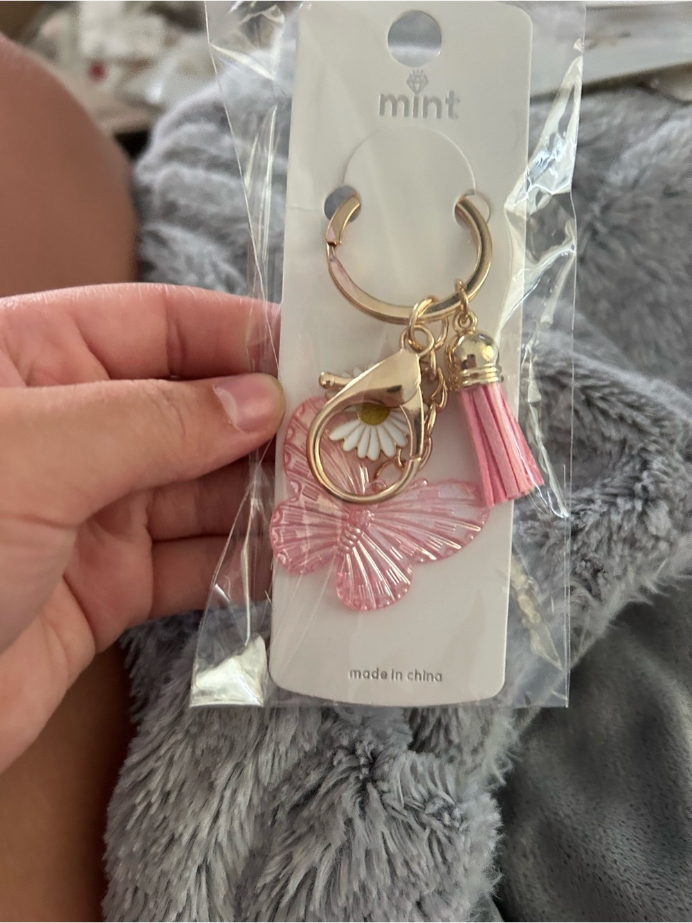 4/$50 Mint Pink Butterfly & Tassel Keychain with Gold Hardware